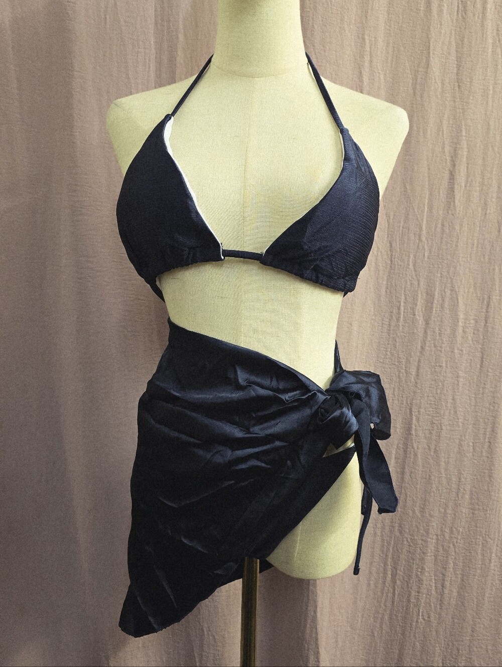 Shein 3Pc Texture Satin Halter Triangle & Side Tie Bikini Set- Navy, Medium